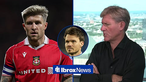 Wrexham captain Josh Windass in action for Wrexham on the left with Rangers head coach Danny Rohl central, clapping at Ibrox after a Scottish Premiership game, and Simon Jordan on the right speaking from a studio in New York City.