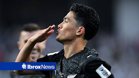 Elijah Just celebrating scoring for New Zealand at 2026 World Cup vs Iran