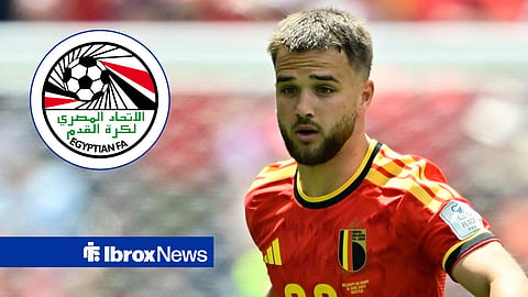 Nicolas Raskin playing for Belgium alongside a circle inset of the Egypt logo.