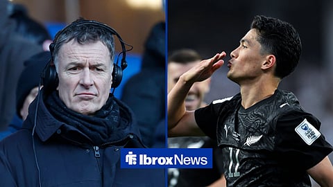 Chris Sutton working as a commentator, with Elijah Just celebrating after scoring for New Zealand