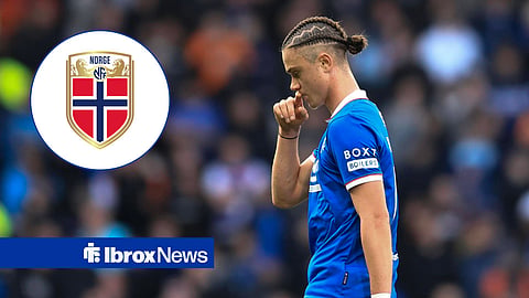 Rangers star Thelo Aasgaard in action, Norway badge in inset.