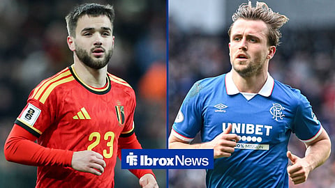 Nicolas Raskin of Belgium seen during European World Cup Qualifiers 2026 football match between Belgium and Liechtenstein and Tuur Rommens in action for Rangers at Ibrox Stadium