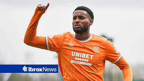 Youssef Chermiti celebrating scoring a goal for Rangers in their 5-2 win vs Falkirk, 16 May 2026.
