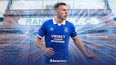 Lewis Ferguson in a Rangers top outside of Ibrox Stadium.