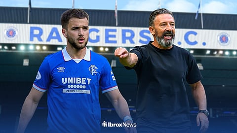 Nicolas Raskin in action for Rangers, with Derek McInnes alongside him and Ibrox in the background