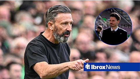 Derek McInnes as Hearts manager, with a circular inset of Danny Rohl in charge of Rangers. 