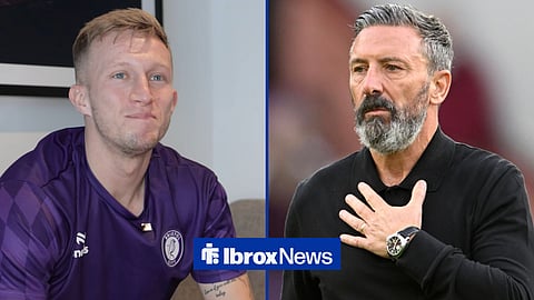 Ross McCrorie smiling on the left and Derek McInnes with his hand on chest on the right