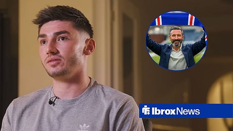Billy Gilmour doing interview with Derek McInnes holding Rangers flag in circle inset