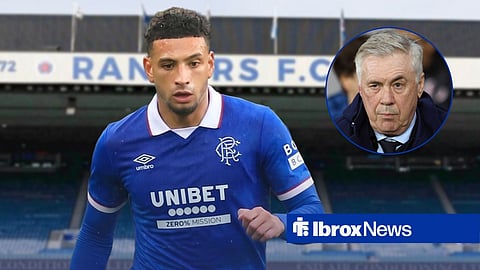 Ben Godfrey in a Rangers shirt with Carlo Ancelotti in circular inset