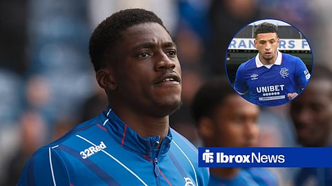 Nasser Djiga in action for Rangers with Ben Godrey in Rangers kit in circular inset
