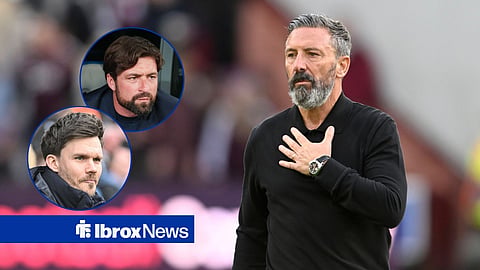 Danny Rohl and Russell Martin at Ibrox during their respective time with Rangers, both are in circular insets and Derek McInnes holding his hand over his chest.