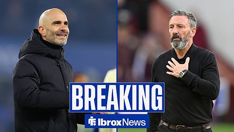 Enzo Maresca smiling and looking right with Derek McInnes disappointed looking left in image split