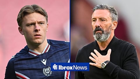 Split image of Dundee defender Luke Graham looking on and Rangers manager Derek McInnes with his hand over his heart
