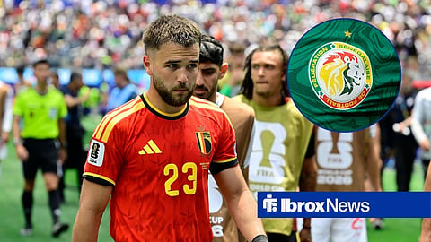 Rangers' Nicolas Raskin in action for Belgium, with Senegal badge in inset.