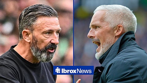 Split image of Rangers boss Derek McInnes giving instructions on the sidelines and Jim Goodwin shouting at his Dundee United players