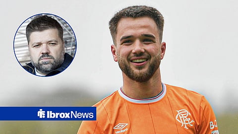 Main image of Nicolas Raskin smiling after Rangers beat Falkirk and Nils Koppen's face in a circular inset on the left