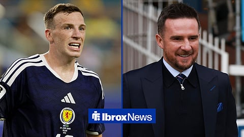 Lewis Ferguson in action for Scotland, with Barry Ferguson smiling alongside him in a split image