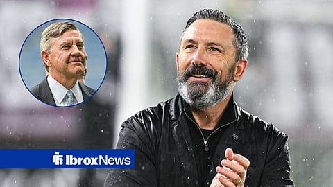 Derek McInnes central, clapping his hands while looking to the left at Owner of Rangers Andrew Cavenagh during the UEFA Champions League Second Qualifying Round First Leg match at Ibrox Stadium