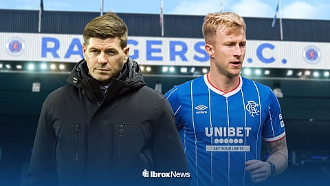 Former Rangers manager Steven Gerrard and Ross McCrorie standing in front of Ibrox Stadium