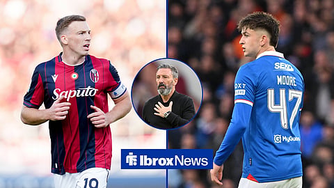 A side-by-side image of Lewis Ferguson and Mikey Moore, with Rangers boss Derek McInnes in a circular inset