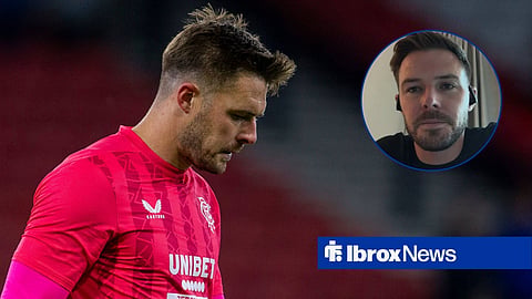 Jack Butland looking annoyed for Rangers alongside a circle inset of Jack Butland looking annoyed on talkSPORT