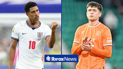 Jude Bellingham for England in the World Cup game against Croatia, next to Mikey Moore of Rangers.