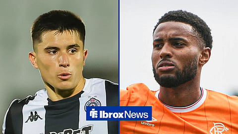 Split image of Vanja Dragojevic driving with the ball as he plays for Parma and Youssef Chermiti celebrating in a Rangers shirt