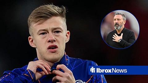 Connor Barron warming up for Rangers, with Derek McInnes in a circular frame inset
