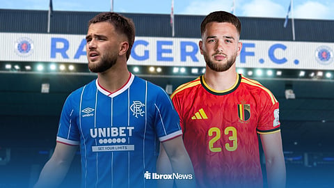 Nicolas Raskin in a Rangers top and also in a Belgium top, with Ibrox behind him