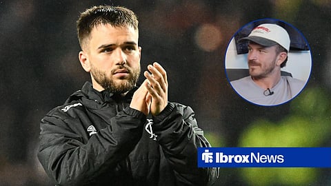 Nico Raskin clapping for Rangers towards a circle inset of Andy Halliday speaking on Open Goal