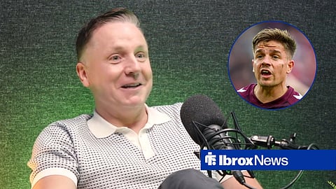Tam McManus laughing with Cammy Devlin in circular inset