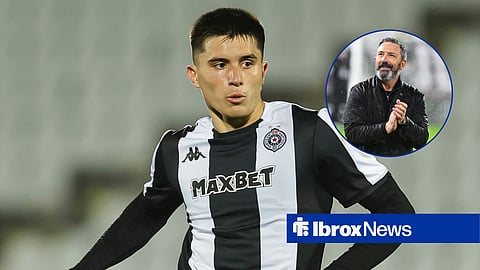 Vanja Dragojevic in action for FK Partizan with Derek McInnes in circular inset applauding fans