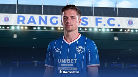 Graphic of Cammy Devlin in new Rangers home shirt with Ibrox in the background