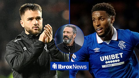 Rangers players Nico Raskin and Youssef Chermiti, and Derek McInnes in a circular inset