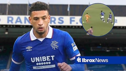 Rangers' new signing Ben Godfrey wearing a Rangers shirt with Ibrox background and image of Godfrey in action in Rangers vs Kaizer Chiefs pre-season friendly in circular inset