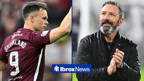 Now-Rangers pair Lawrence Shankland in action for Hearts and Derek McInnes applauding as Hearts manager