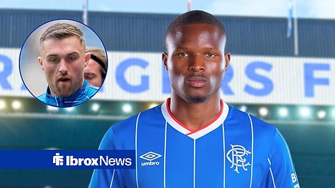 Main image of Olwethu Makhanya in a Rangers kit with Ibrox in the background and John Souttar's face in a circular inset on the left