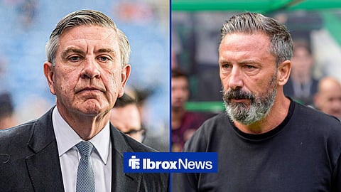 Split image of Rangers chairman Andrew Cavenagh looking serious and Derek McInnes staring on while managing on the sidelines