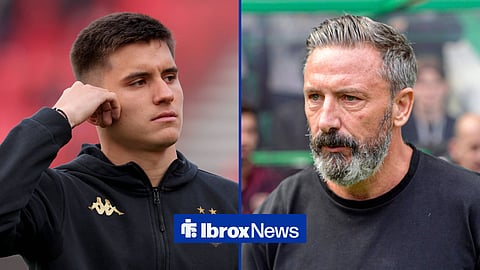 Vanja Dragojevic ahead of a Partizan match, with Derek McInnes staring on alongside him in a split image