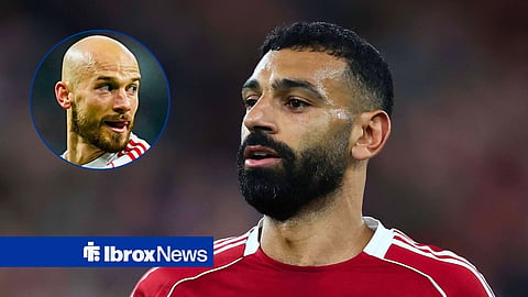 Main image of Mohamed Salah looking on while he plays for Liverpool and Vaclav Cerny's face in a circular inset on the left
