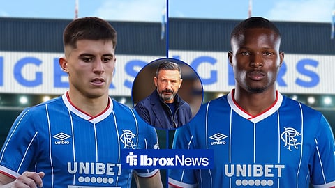 Vanja Dragojevic and Olwethu Makhanya in Rangers shirts, and Rangers manager Derek McInnes in a circular inset