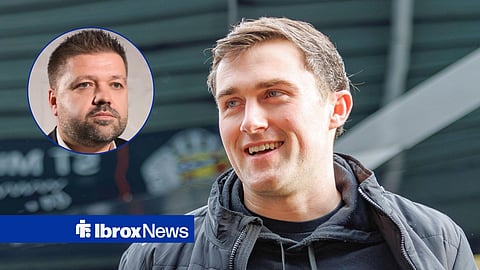 Main image of John Souttar smiling as he arrives for a Rangers game and Nils Koppen's face in a circular inset on the left