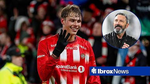 Jens Hjerto-Dahl in action for Tromso, with Derek McInnes in a circular frame inset