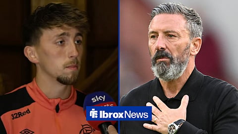 Dan Neil speaking in an interview and Derek McInnes looking concentrated