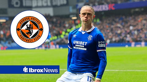 Thelo Aasgaard in action for Rangers and Dundee United badge in inset