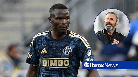 Olwethu Makhanya in action for Philadelphia Union with Derek McInnes smiling in circular inset