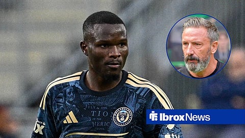 Main image of Olwethu Makhanya playing for Philadelphia Union and Rangers manager Derek McInnes' face in a circular inset on the right