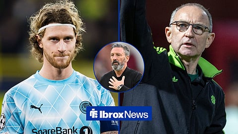Celtic's new signing Kasper Hogh with manager Martin O'Neill and Rangers boss Derek McInnes in a circular inset.