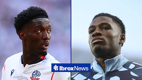 Amario Cozier-Duberry playing for Bolton Wanderers, while Jahnoah Markelo warms up for Coventry alongside him 
