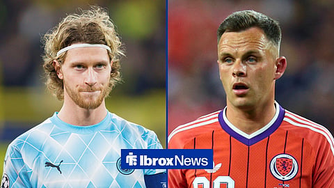 Split image of Kasper Hogh looking on as he plays for Bodo/Glimt and Rangers striker Lawrence Shankland during a game for Scotland